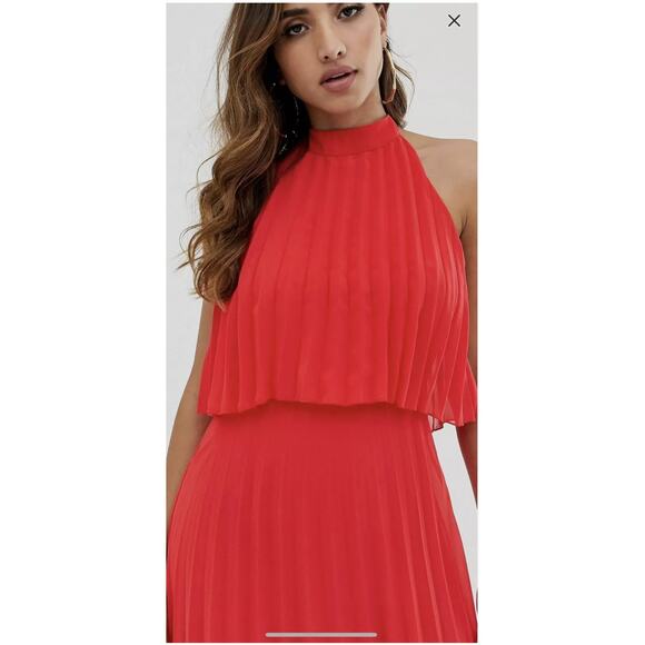 ASOS Design Burgundy Halter Tie Neck Above Knee Pleated Dress Size 8 Medium - Picture 13 of 13